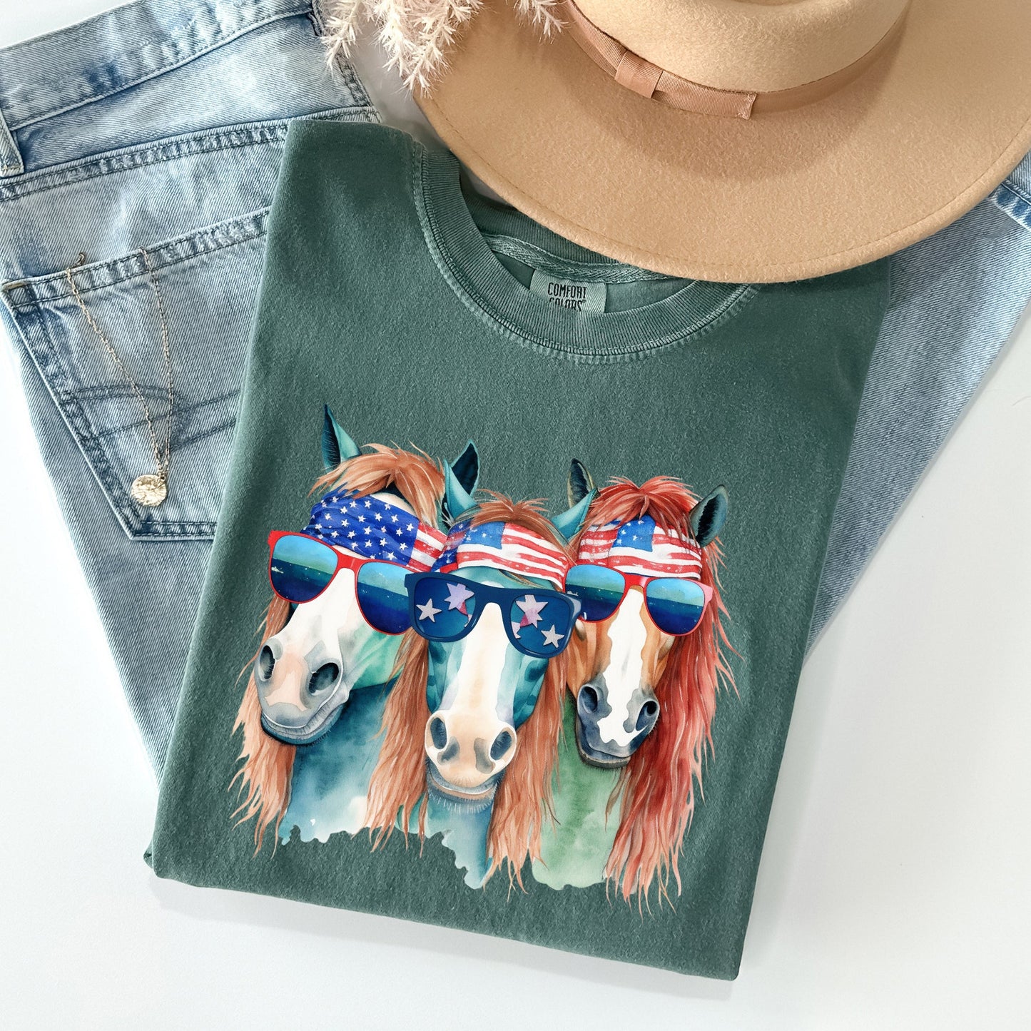 Patriotic Horses, Hippie Funny, Patriotic 4th of July Tshirt Comfort Colors T-Shirt