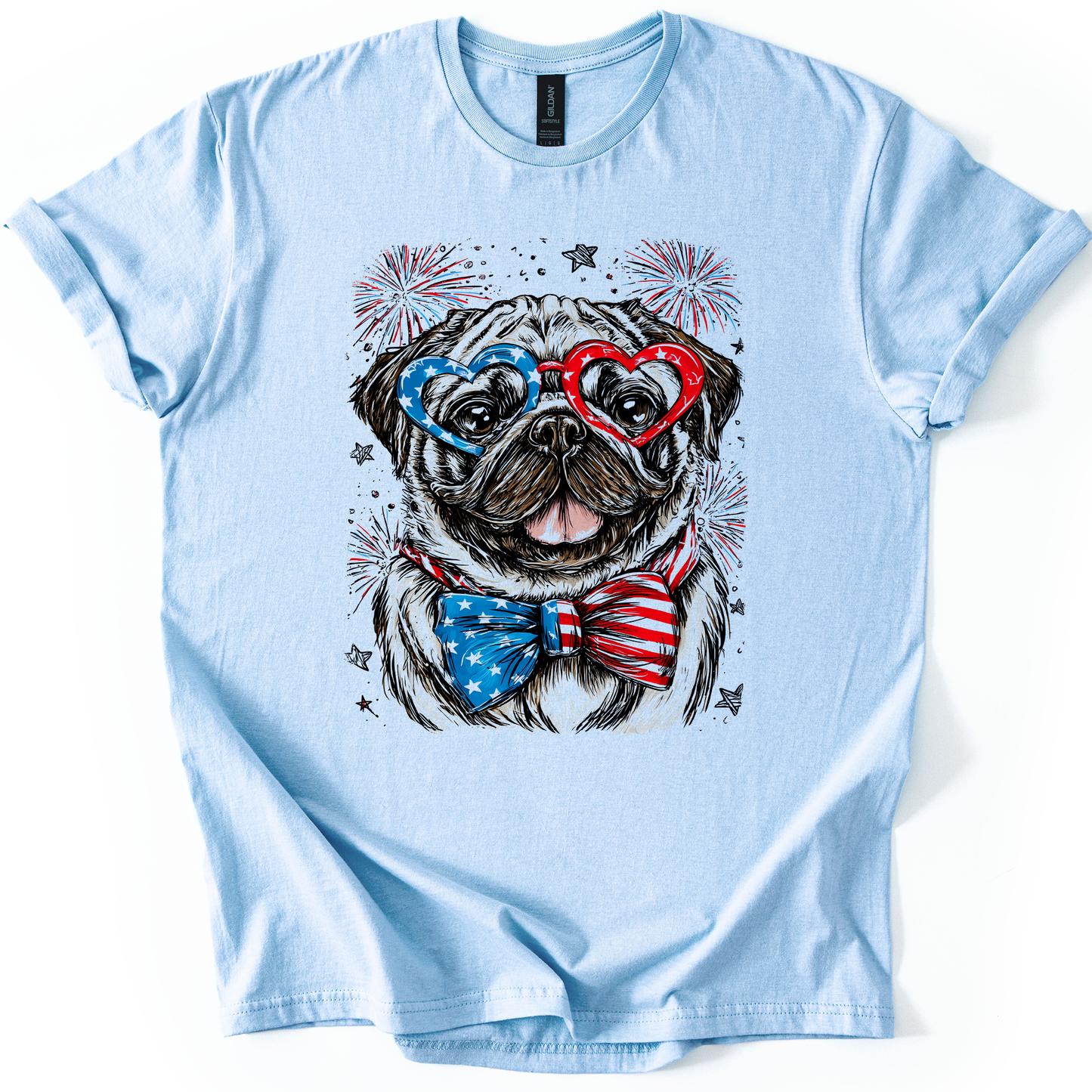 Pug Patriotic Dog, USA, America, Pet Lover, 4th of July, Soft Style T-Shirt
