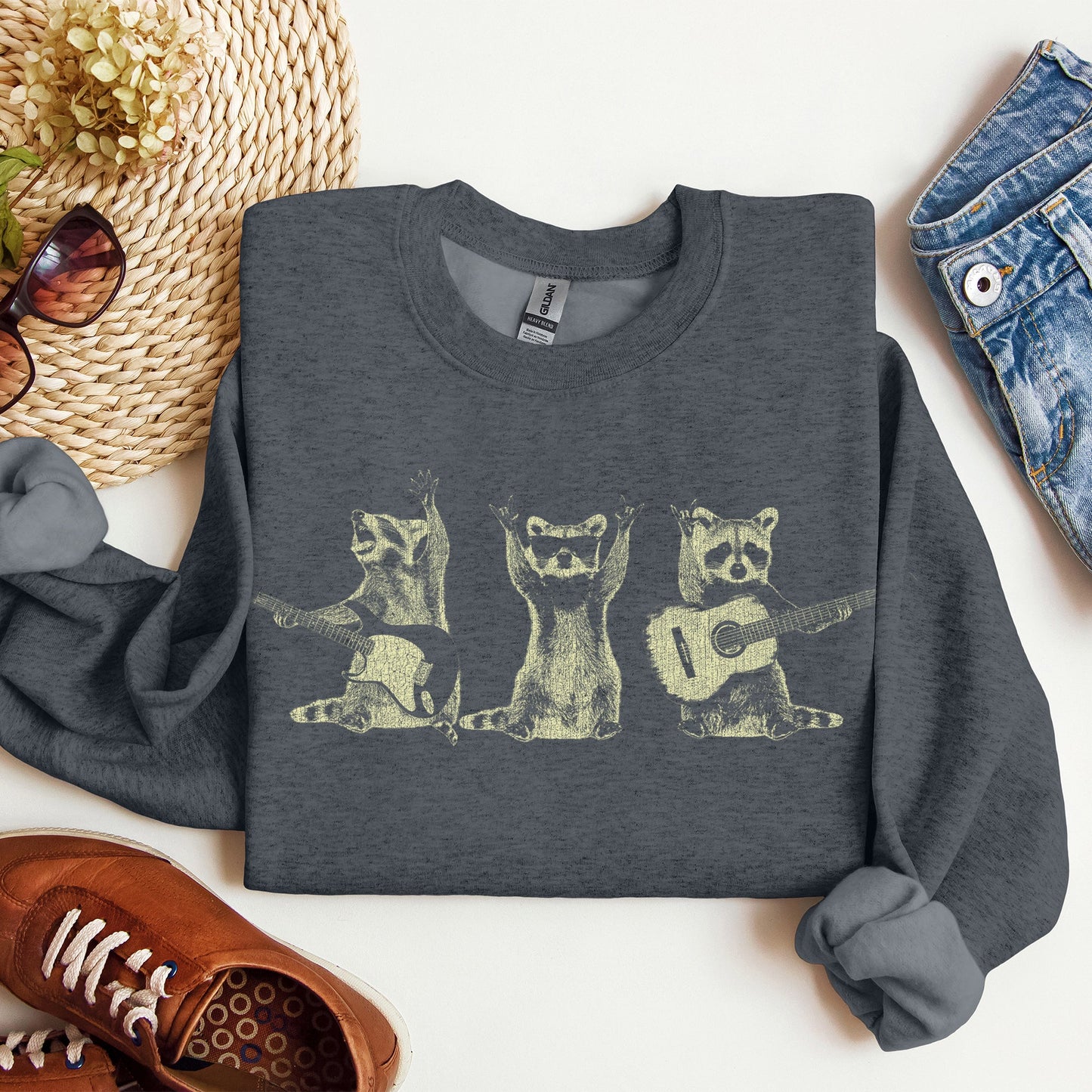 Raccoon Band, Playing Guitar, Funny Animals Sweatshirt