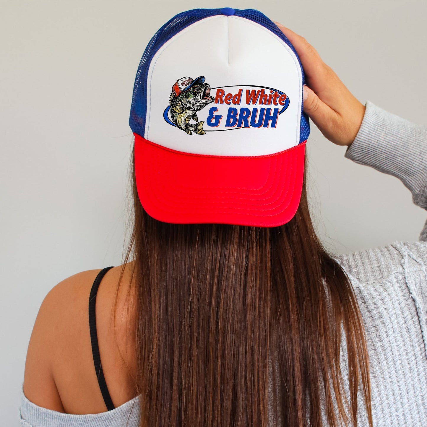Red White and Bruh, Bass, Fishing, Patriotic, Snapback Trucker Hat