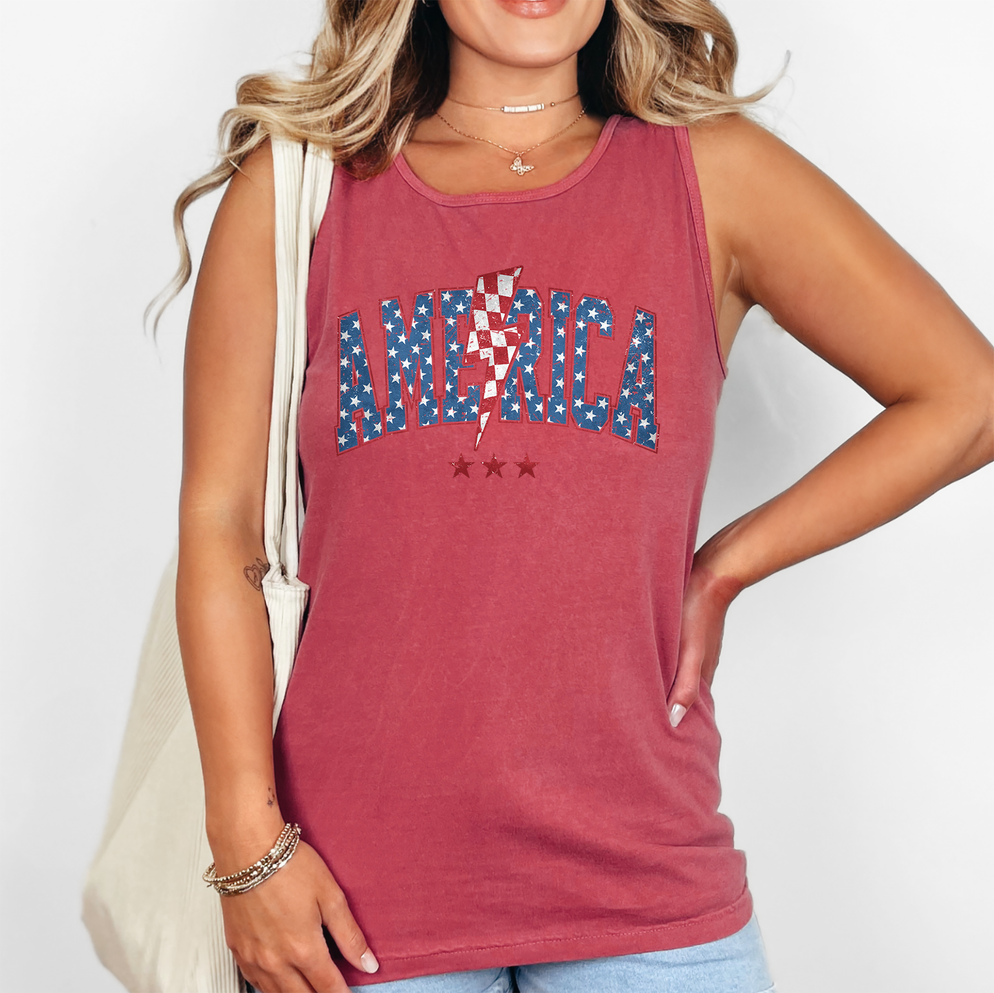 Retro America Varsity Bolt, Fourth of July, America, Patriotic, USA Comfort Colors Tank Top