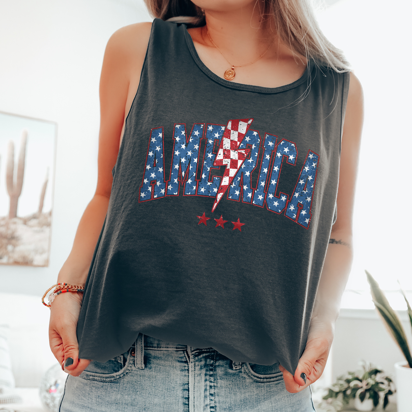 Retro America Varsity Bolt, Fourth of July, America, Patriotic, USA Comfort Colors Tank Top