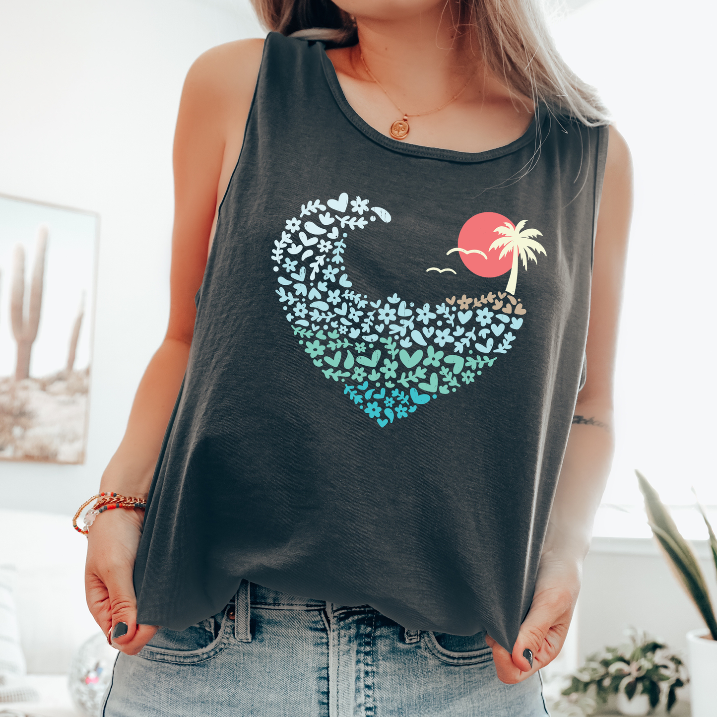 Retro Beach Sunset Heart, Summer, Beach, Hot Girl Summer, Sunshine Comfort Colors Tank Top