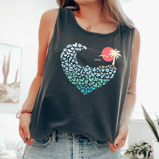 Retro Beach Sunset Heart, Summer, Beach, Hot Girl Summer, Sunshine Comfort Colors Tank Top