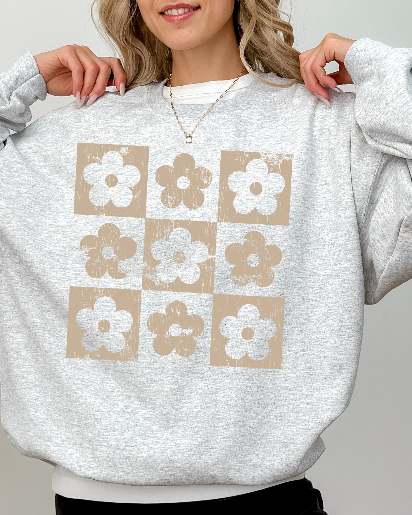 Retro Checkered Flowers, Minimalist, Vintage Sweatshirt
