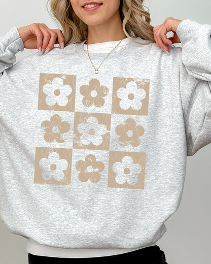 Retro Checkered Flowers, Minimalist, Vintage Sweatshirt