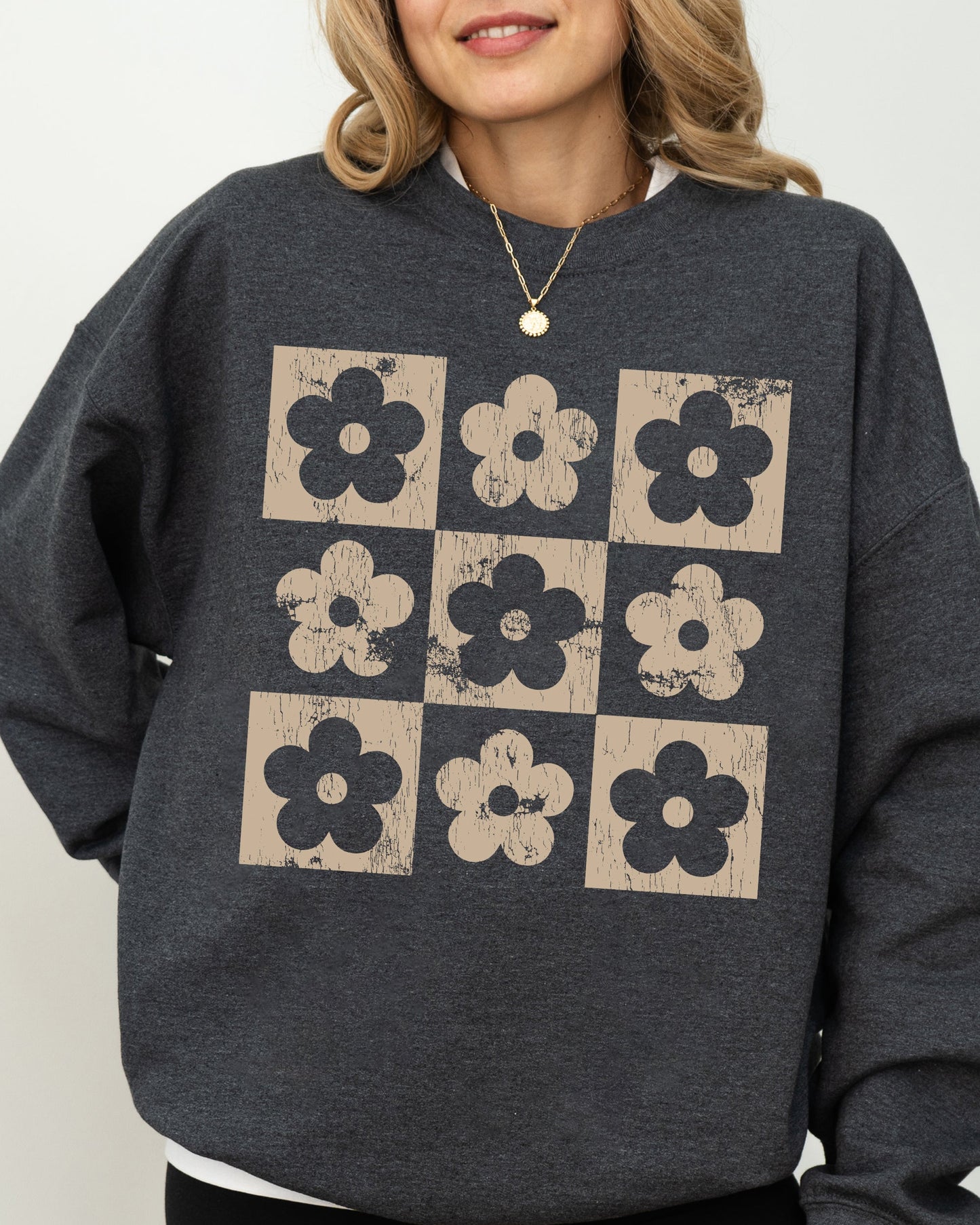 Retro Checkered Flowers, Minimalist, Vintage Sweatshirt