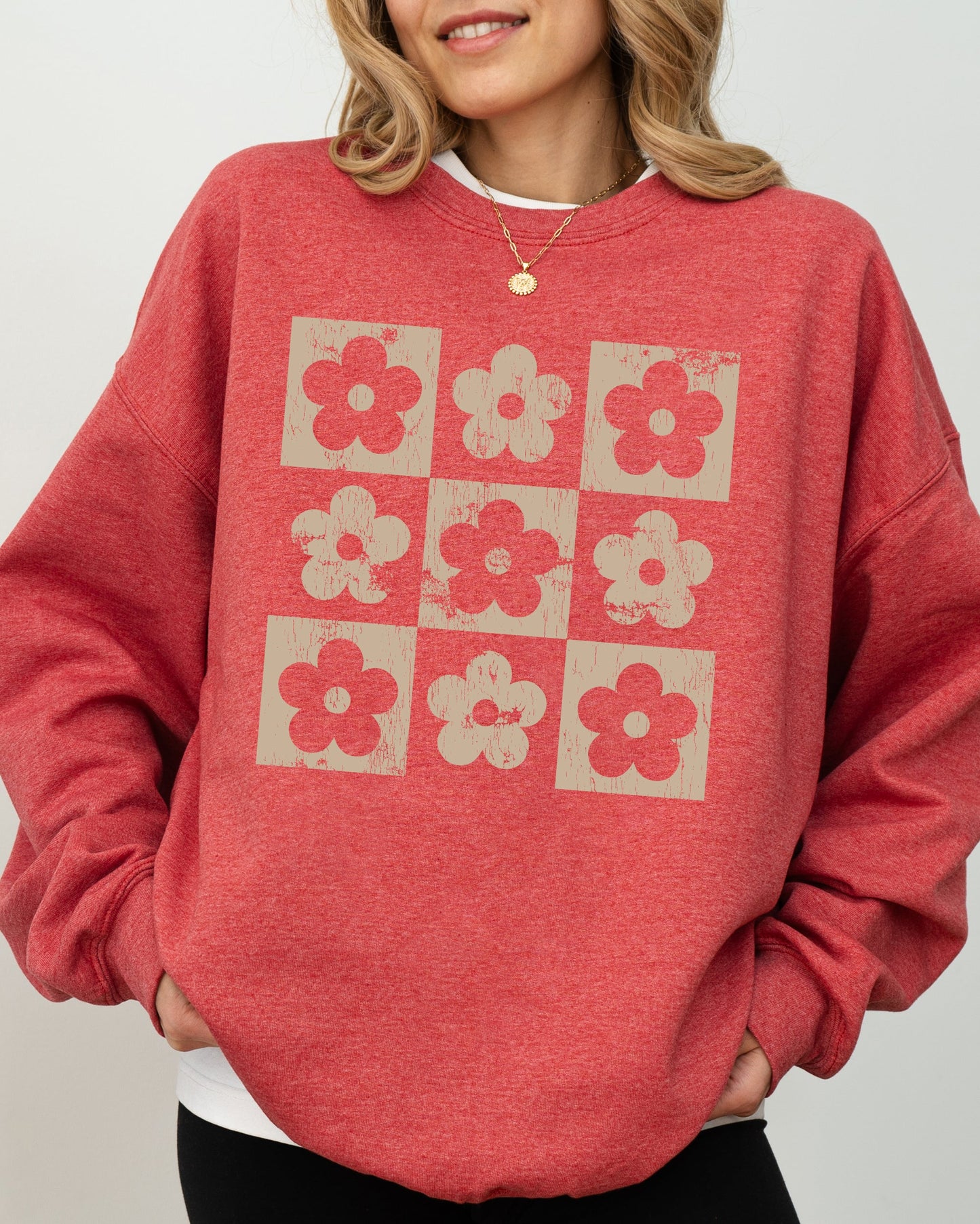 Retro Checkered Flowers, Minimalist, Vintage Sweatshirt