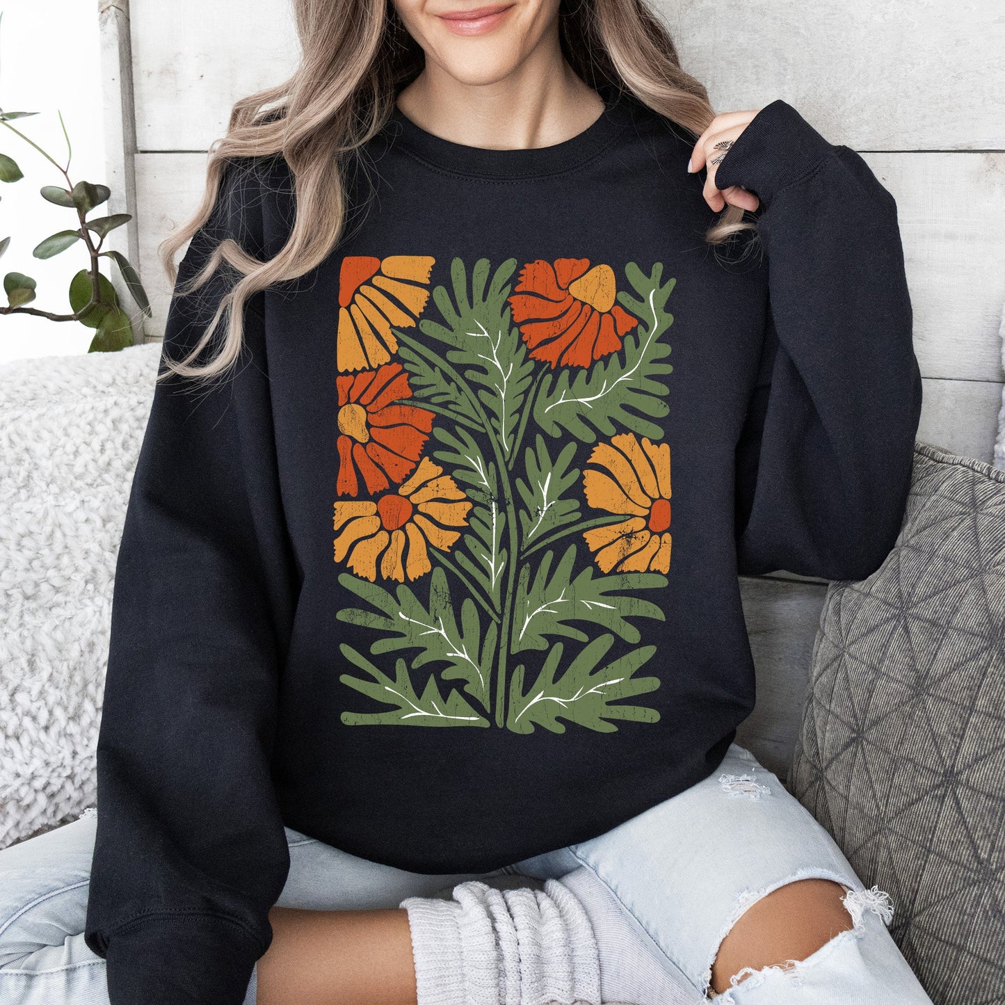 Retro Daisy Design, Greens, Orange, Vintage, Floral, Flower Sweatshirt
