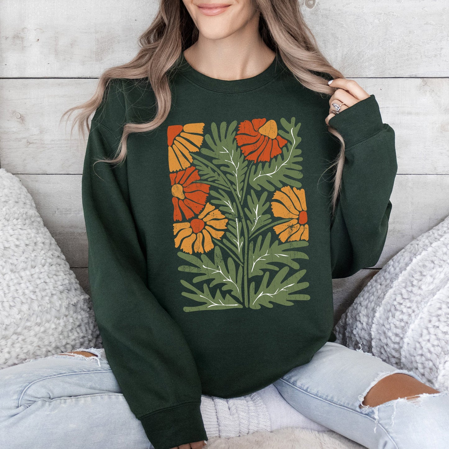 Retro Daisy Design, Greens, Orange, Vintage, Floral, Flower Sweatshirt
