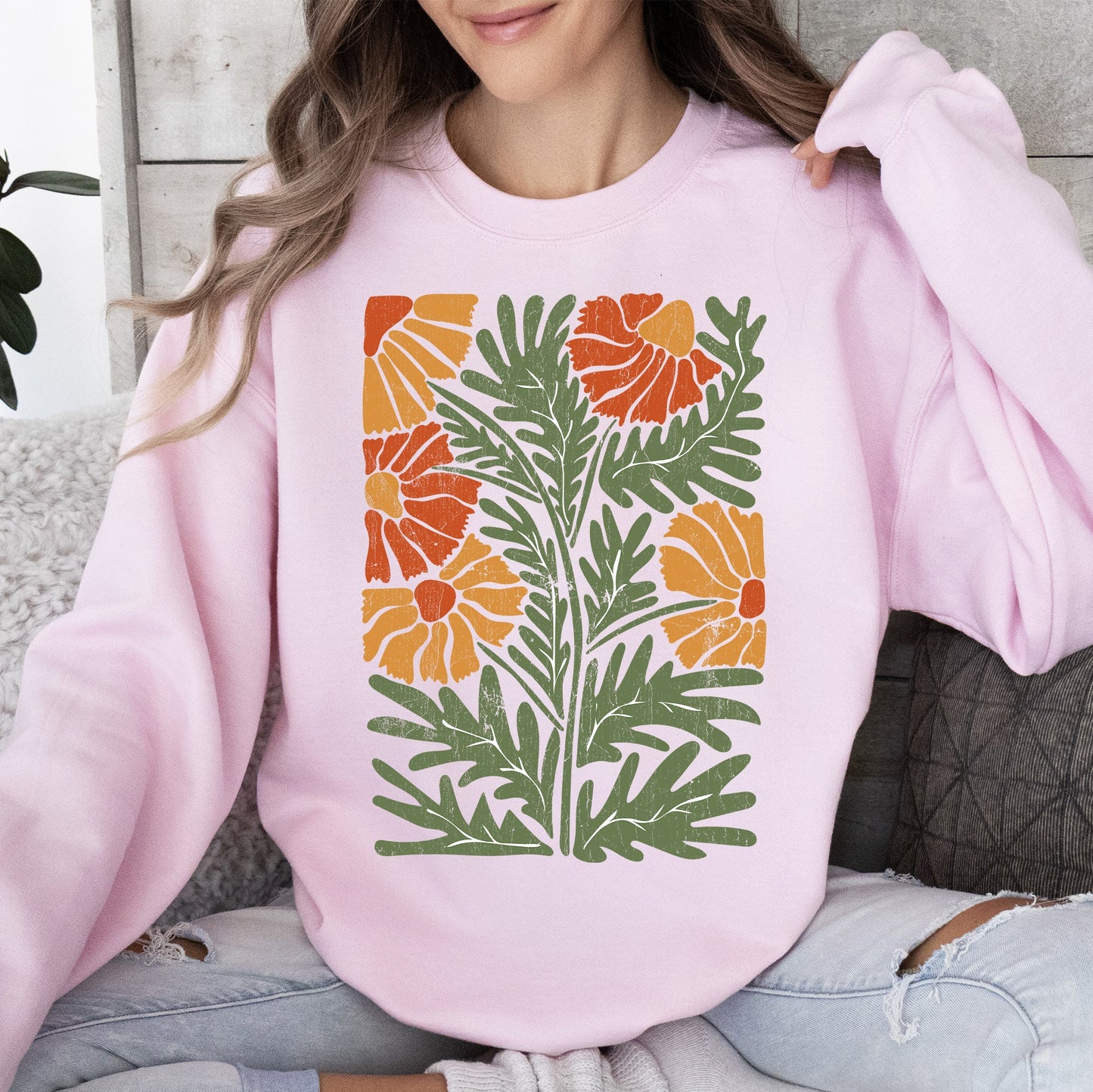 Retro Daisy Design, Greens, Orange, Vintage, Floral, Flower Sweatshirt