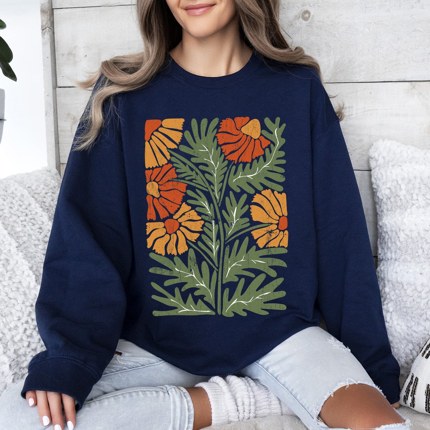 Retro Daisy Design, Greens, Orange, Vintage, Floral, Flower Sweatshirt