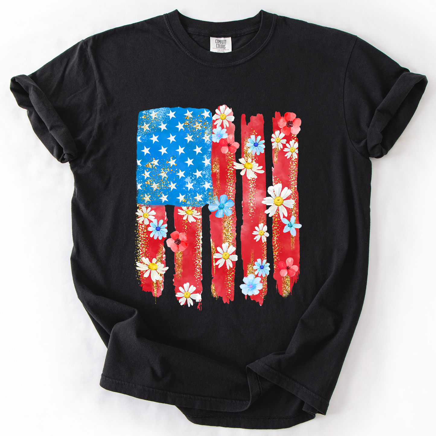 Retro Flower Flag, Fourth of July, America, Patriotic, USA, Comfort Colors T-Shirt