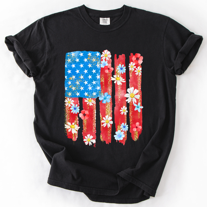 Retro Flower Flag, Fourth of July, America, Patriotic, USA, Comfort Colors T-Shirt