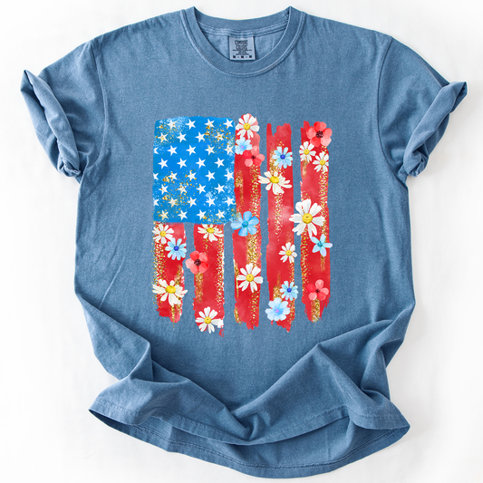 Retro Flower Flag, Fourth of July, America, Patriotic, USA, Comfort Colors T-Shirt