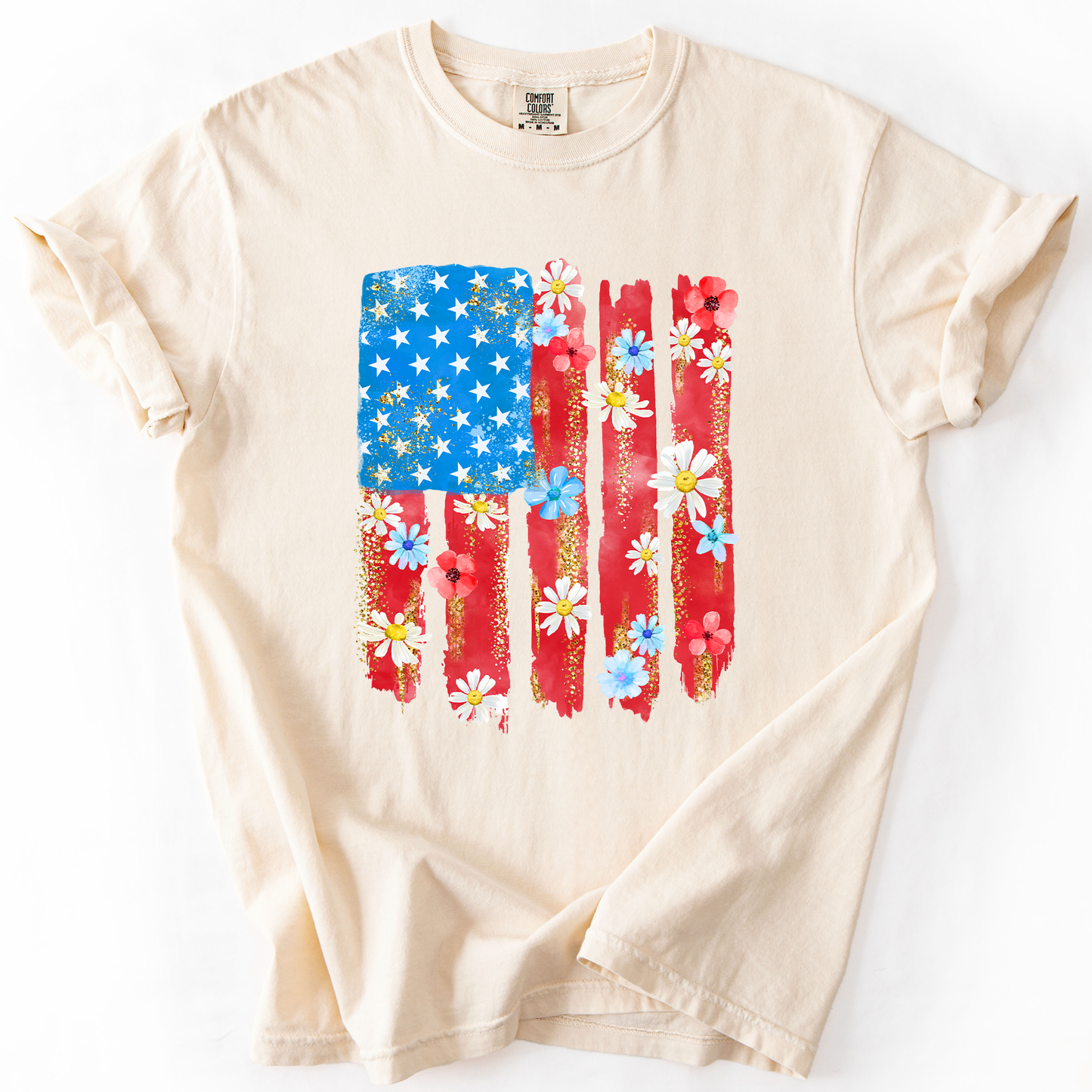 Retro Flower Flag, Fourth of July, America, Patriotic, USA, Comfort Colors T-Shirt