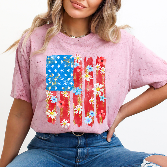 Retro Flower Flag, Fourth of July, America, Patriotic, USA, Comfort Colors Color Blast T-Shirt