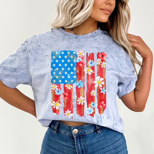 Retro Flower Flag, Fourth of July, America, Patriotic, USA, Comfort Colors Color Blast T-Shirt