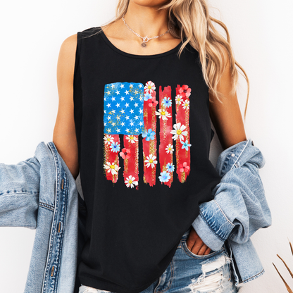 Retro Flower Flag, Fourth of July, America, Patriotic, USA Comfort Colors Tank Top
