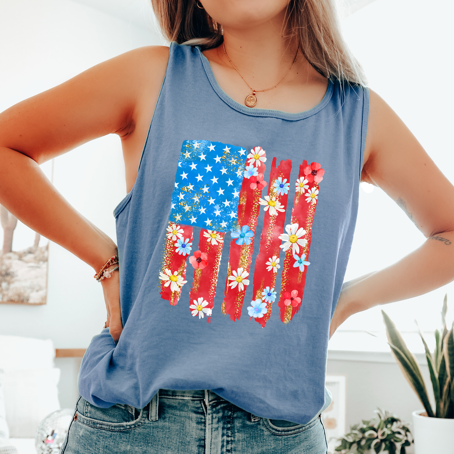 Retro Flower Flag, Fourth of July, America, Patriotic, USA Comfort Colors Tank Top