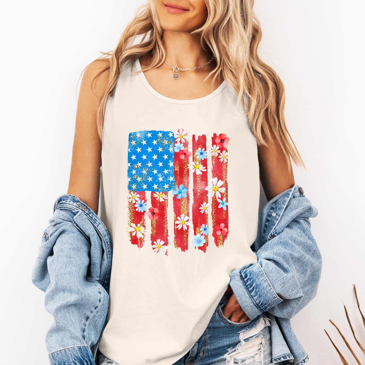 Retro Flower Flag, Fourth of July, America, Patriotic, USA Comfort Colors Tank Top