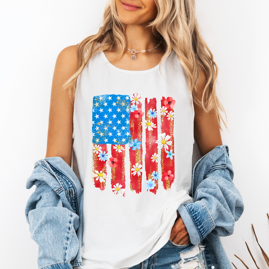Retro Flower Flag, Fourth of July, America, Patriotic, USA Comfort Colors Tank Top