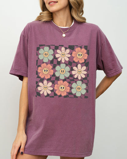 Retro Flowers, Checkered, Daisies, Hippie, Cute, Positivity Shirt Comfort Colors T-Shirt