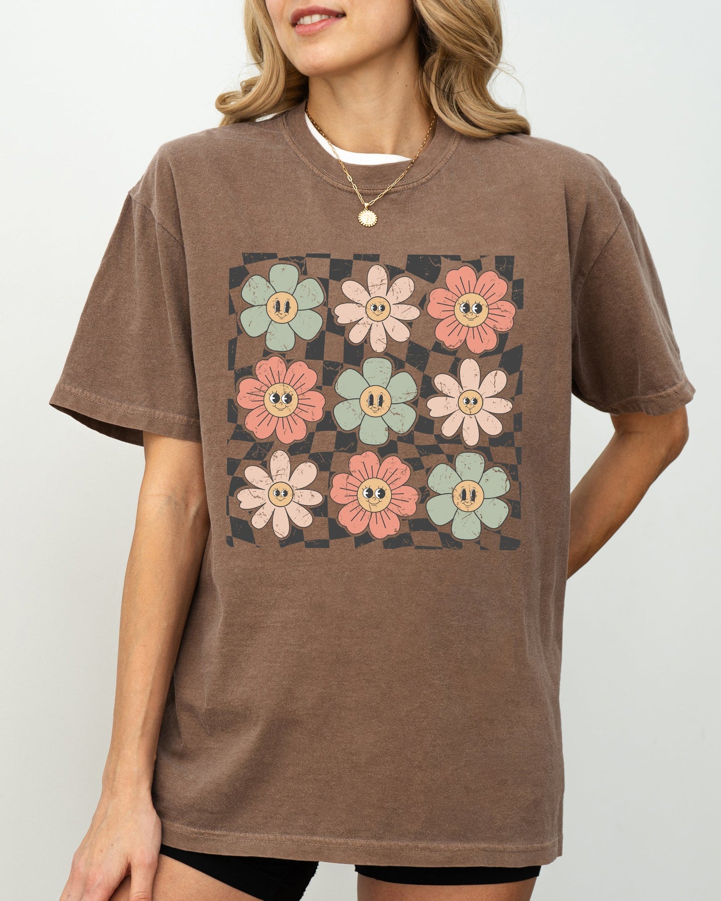 Retro Flowers, Checkered, Daisies, Hippie, Cute, Positivity Shirt Comfort Colors T-Shirt