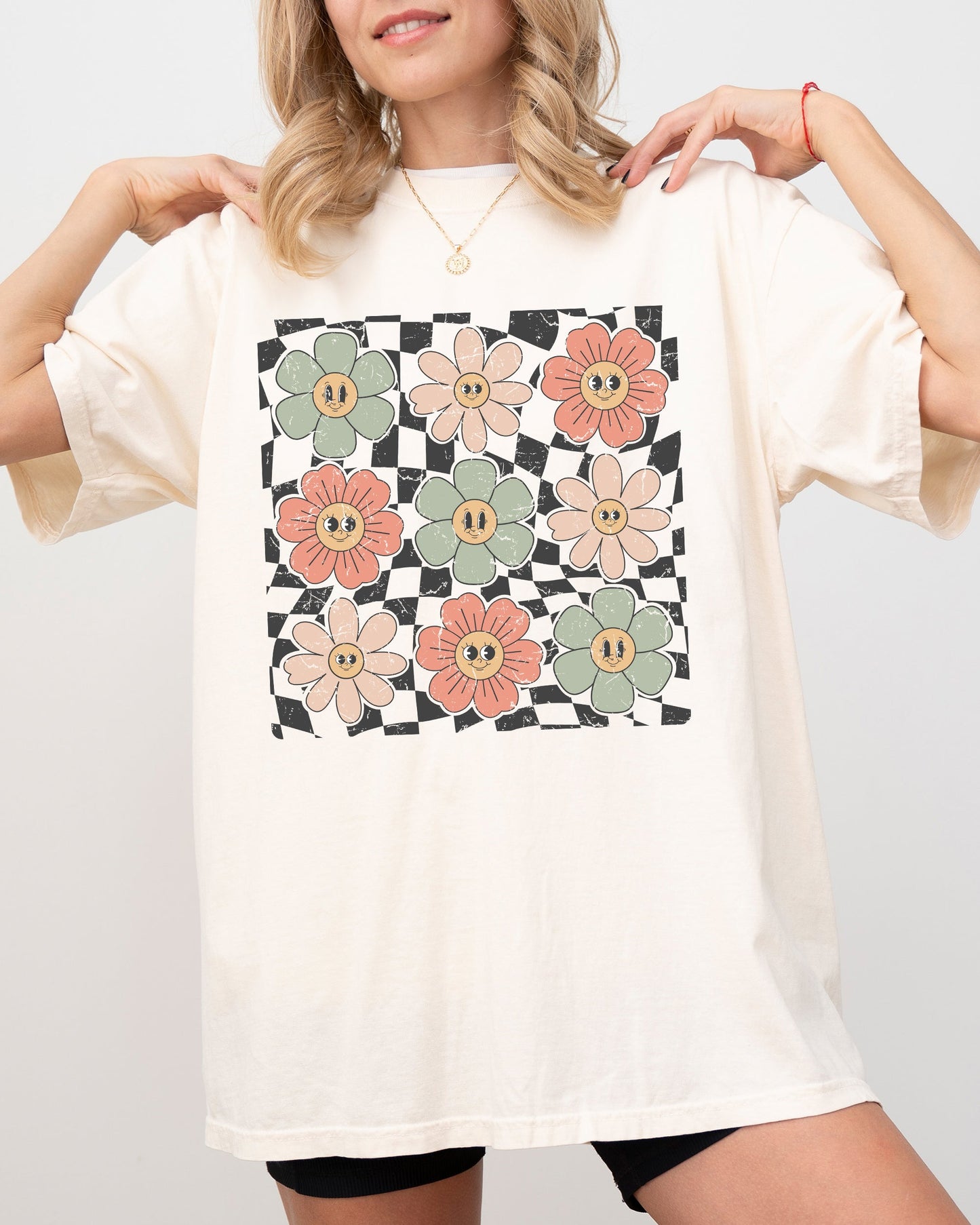 Retro Flowers, Checkered, Daisies, Hippie, Cute, Positivity Shirt Comfort Colors T-Shirt