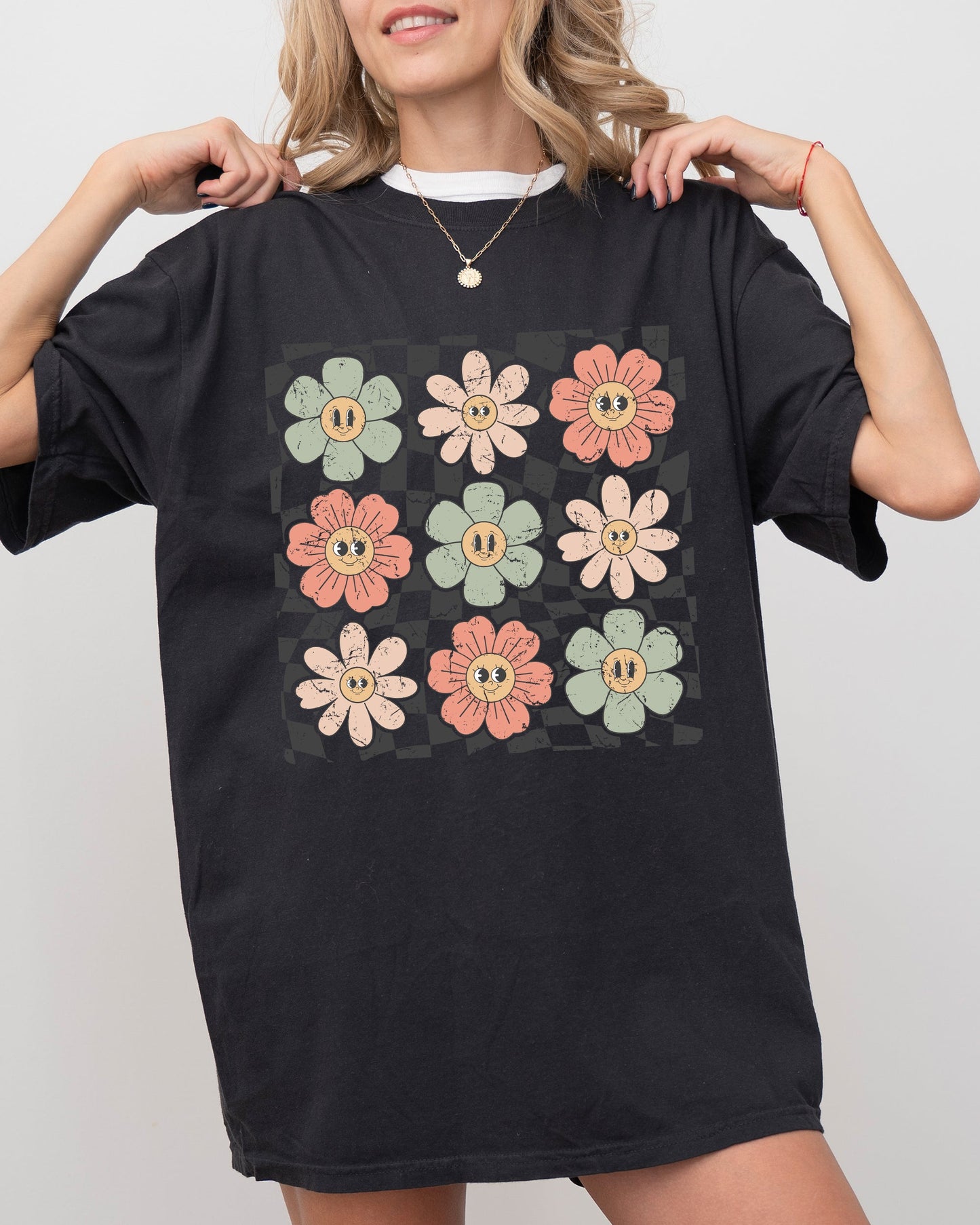 Retro Flowers, Checkered, Daisies, Hippie, Cute, Positivity Shirt Comfort Colors T-Shirt