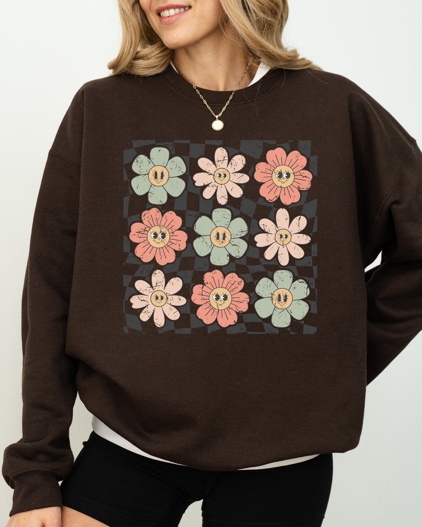 Retro Flowers, Checkered, Daisies, Hippie, Cute, Positivity Sweatshirt