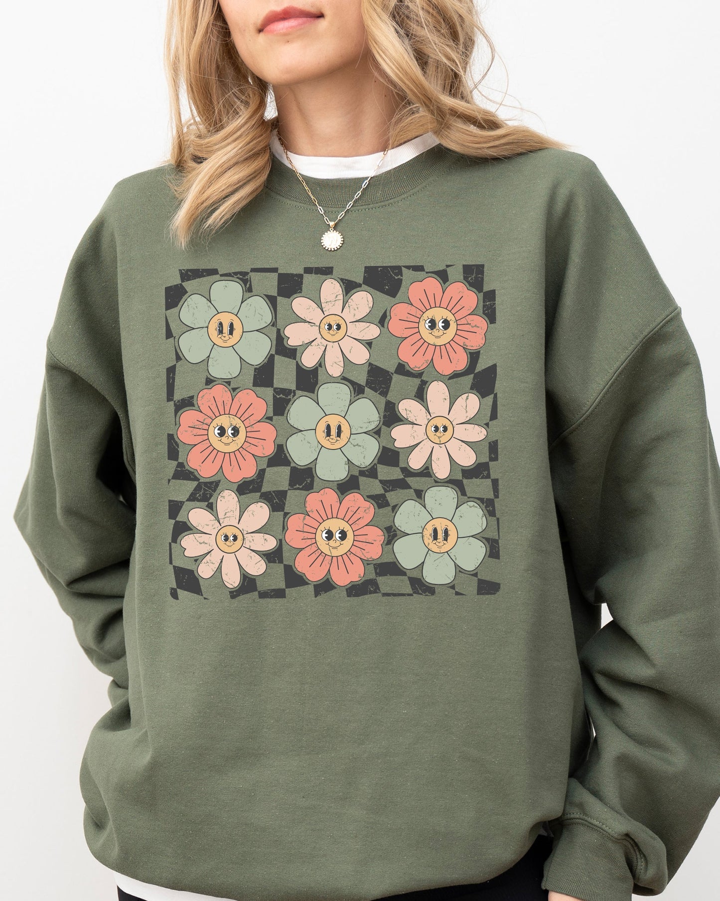 Retro Flowers, Checkered, Daisies, Hippie, Cute, Positivity Sweatshirt
