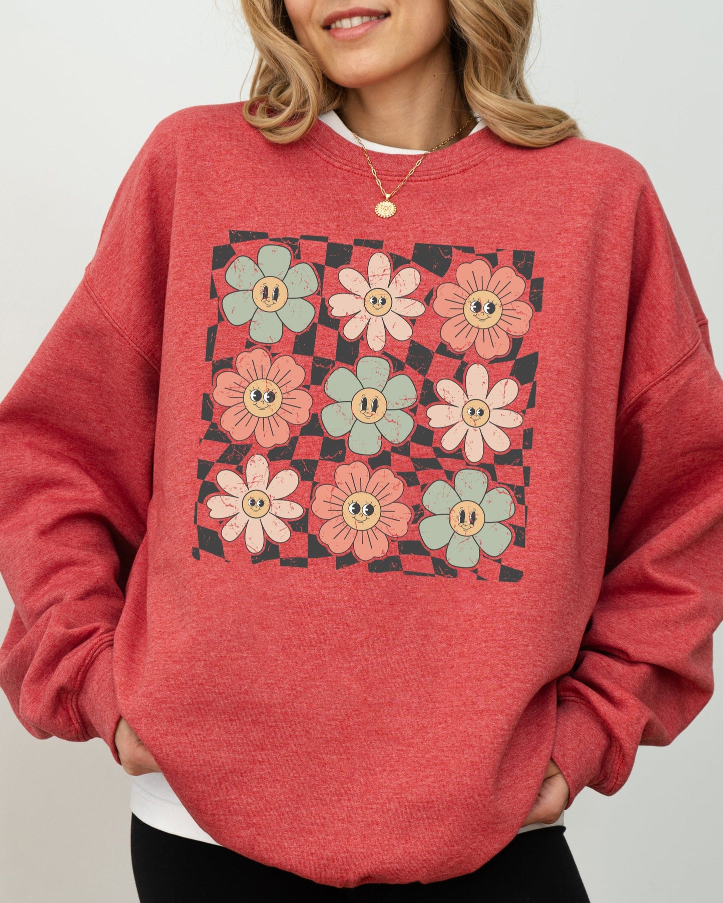 Retro Flowers, Checkered, Daisies, Hippie, Cute, Positivity Sweatshirt