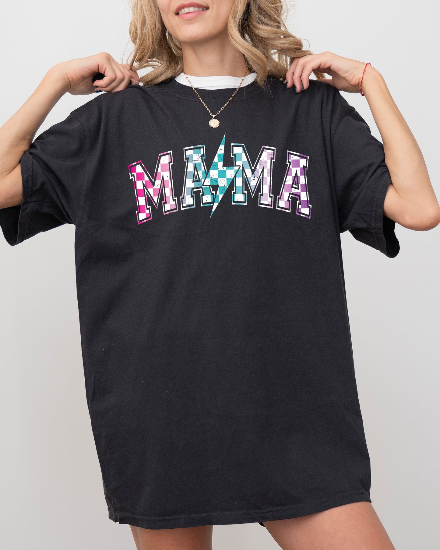 Retro Mama, Checkered, Lightening Bolt, Colorful, Mother, Mom Shirt Comfort Colors T-Shirt