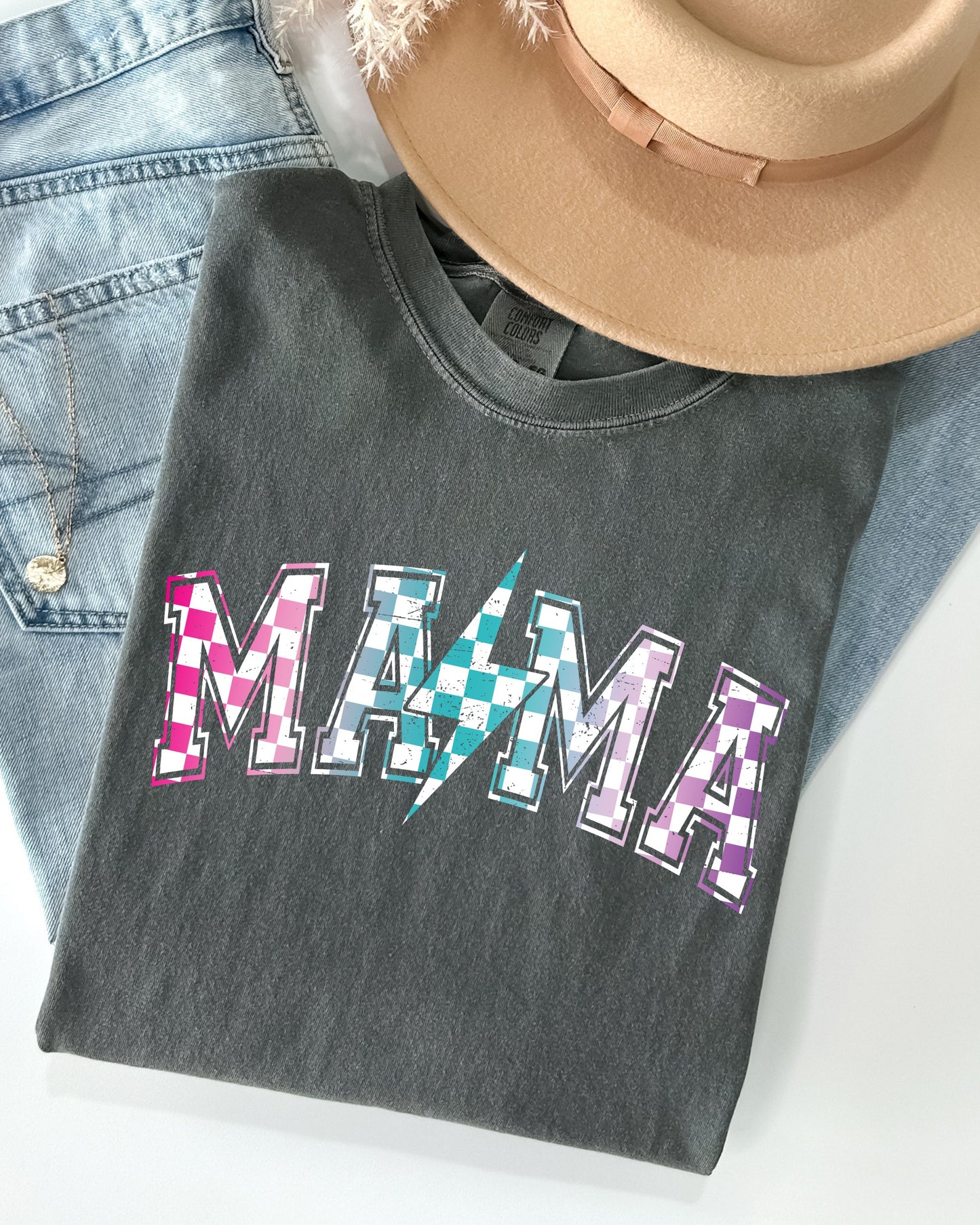 Retro Mama, Checkered, Lightening Bolt, Colorful, Mother, Mom Shirt Comfort Colors T-Shirt