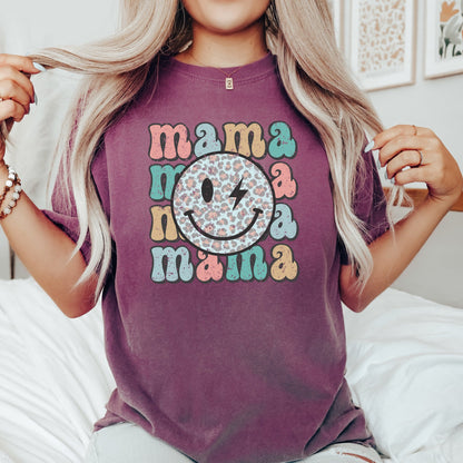 Retro Mama, Smiley, Leopard Print, Mother's Day, Mom, Comfort Colors Tshirt