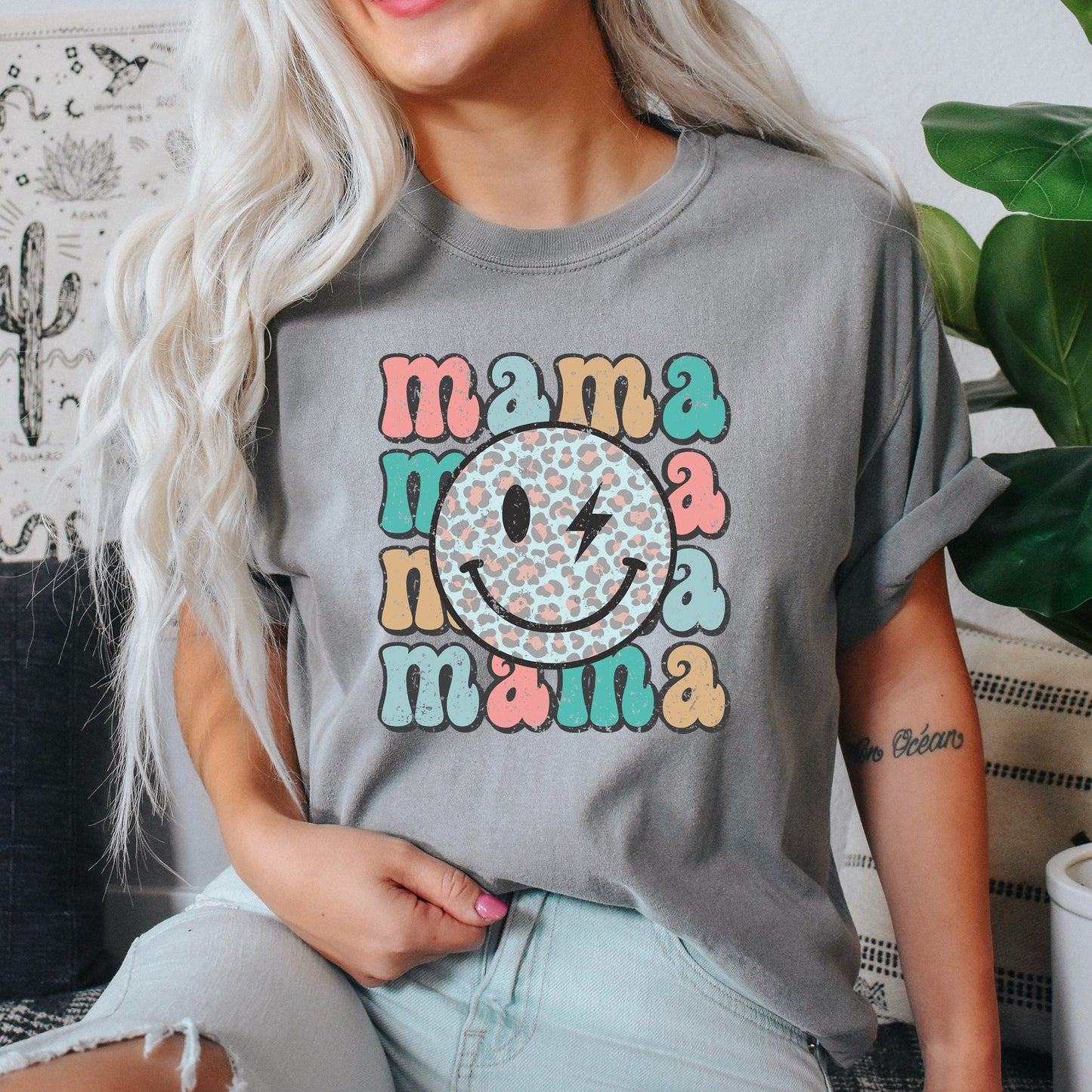 Retro Mama, Smiley, Leopard Print, Mother's Day, Mom, Comfort Colors Tshirt