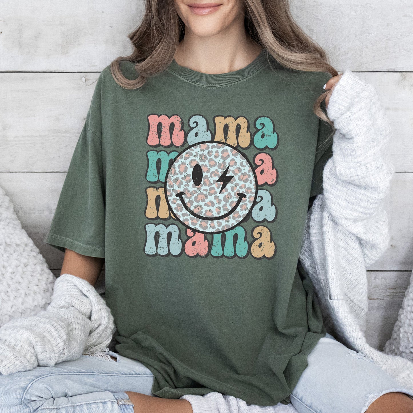 Retro Mama, Smiley, Leopard Print, Mother's Day, Mom, Comfort Colors Tshirt