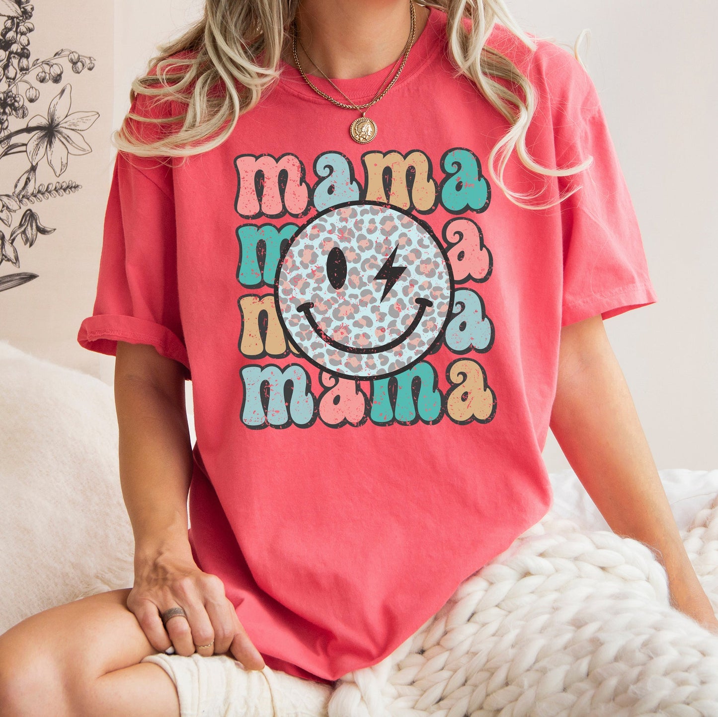 Retro Mama, Smiley, Leopard Print, Mother's Day, Mom, Comfort Colors Tshirt