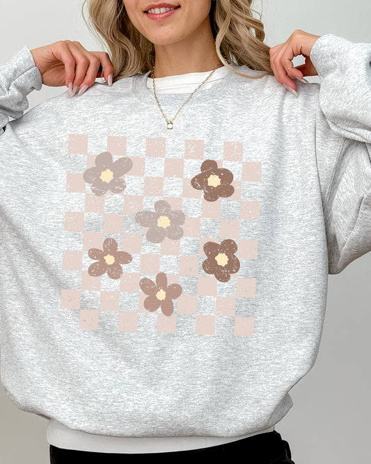 Retro Minimalist Flowers, Checkered, Vintage, Floral, Daisies Sweatshirt