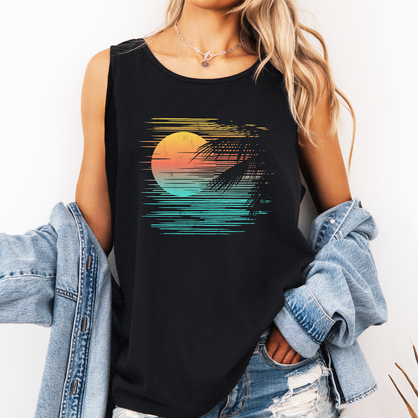 Retro Sunset, Minimalist Lines, Summer, Beach, Hot Girl Summer, Sunshine Comfort Colors Tank Top