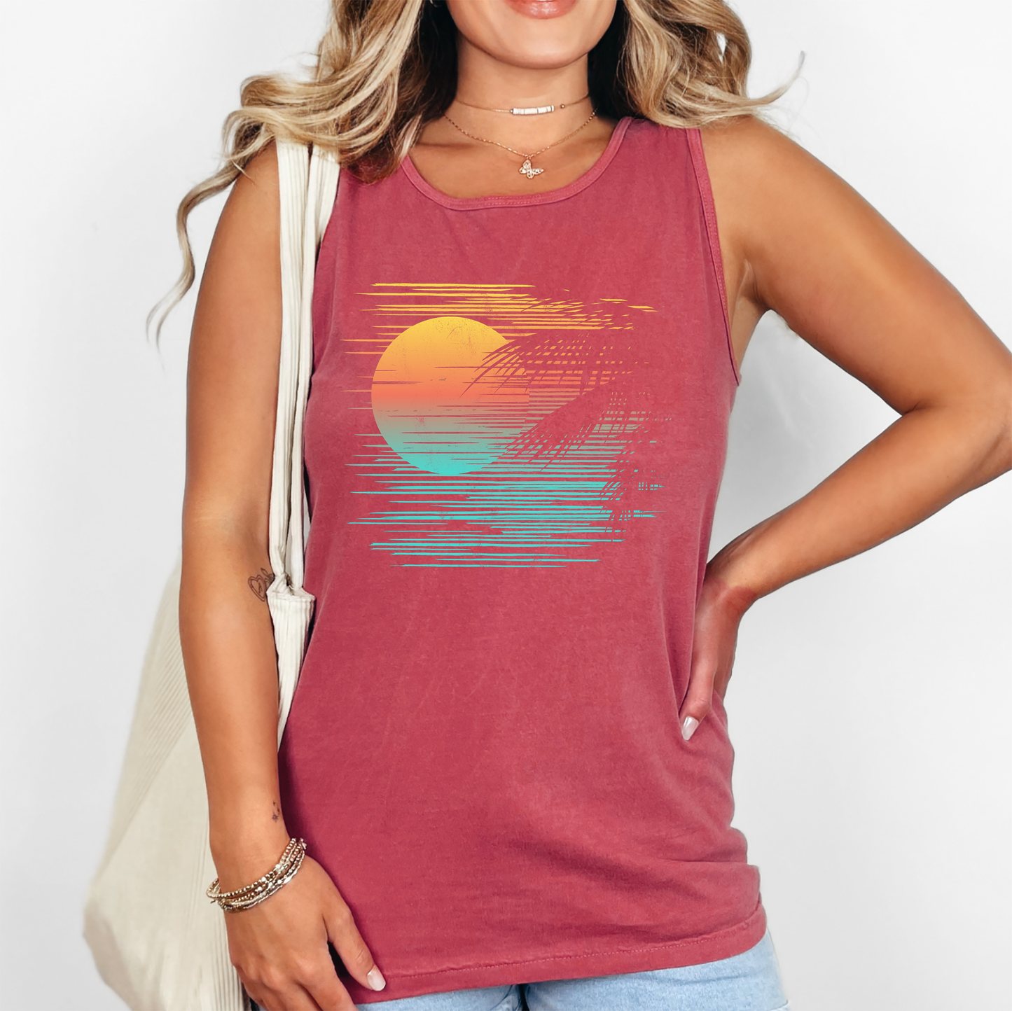 Retro Sunset, Minimalist Lines, Summer, Beach, Hot Girl Summer, Sunshine Comfort Colors Tank Top