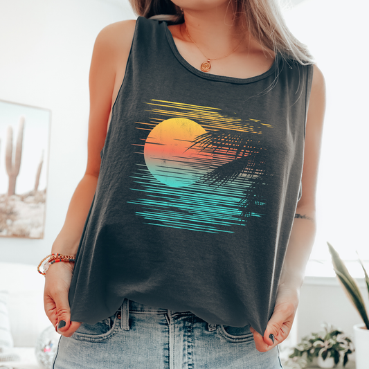 Retro Sunset, Minimalist Lines, Summer, Beach, Hot Girl Summer, Sunshine Comfort Colors Tank Top