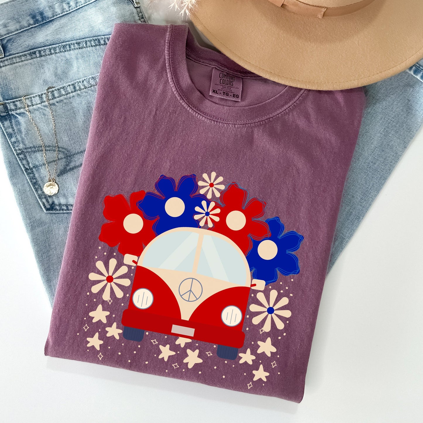 Retro Van, Patriotic, 4th of July Comfort Colors Tshirt