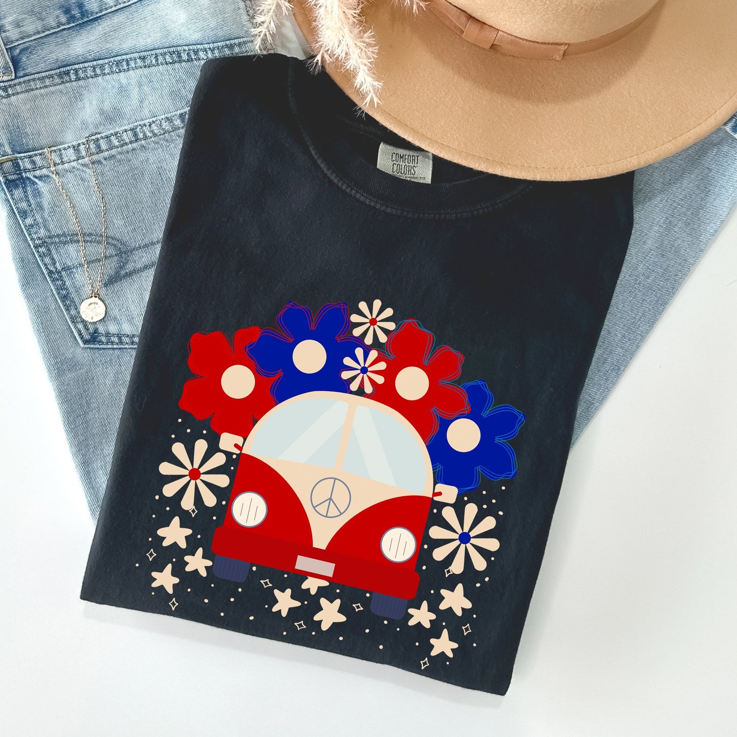 Retro Van, Patriotic, 4th of July Comfort Colors Tshirt