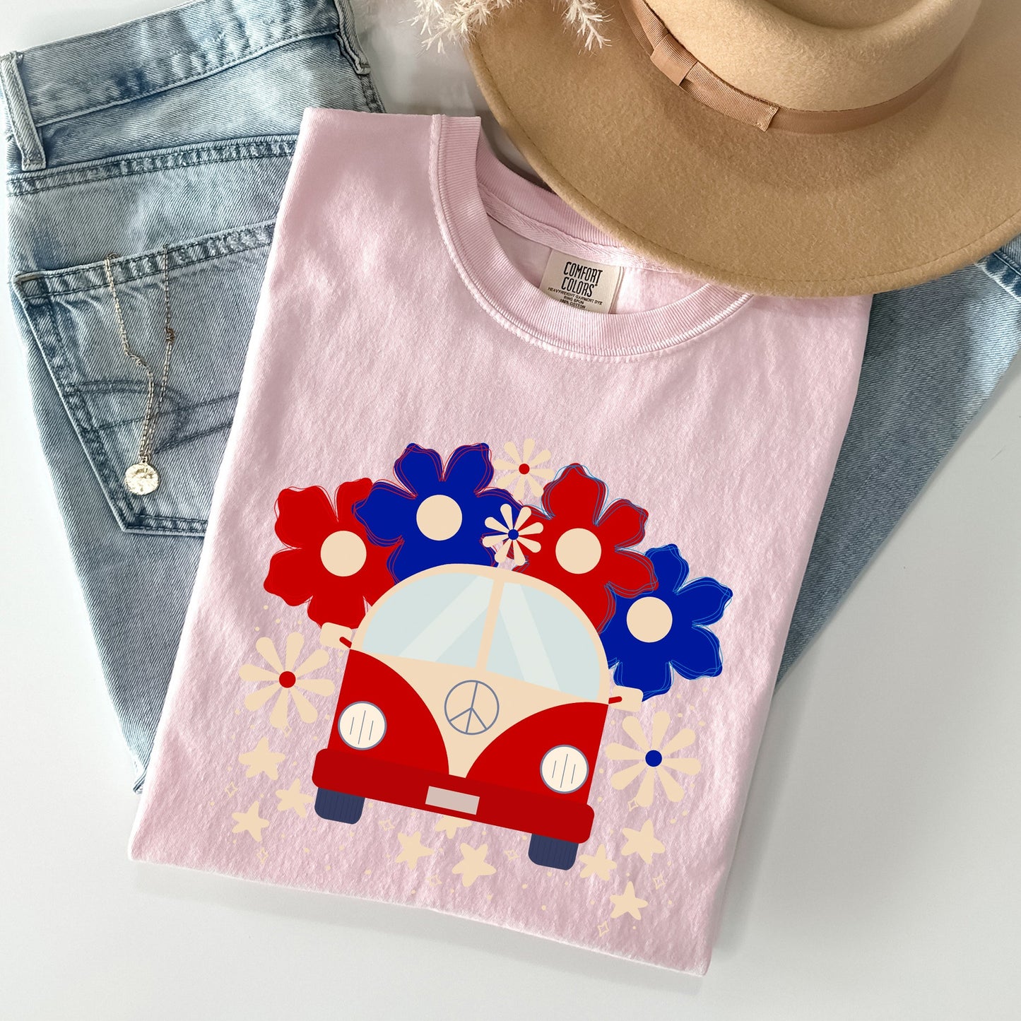 Retro Van, Patriotic, 4th of July Comfort Colors Tshirt