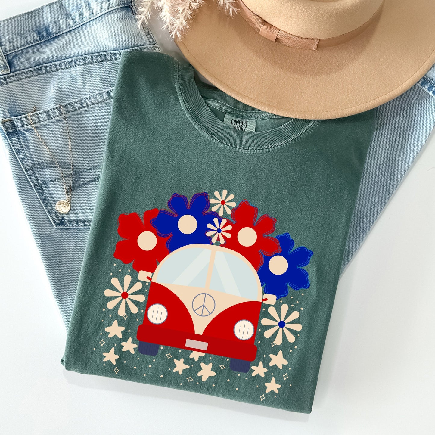 Retro Van, Patriotic, 4th of July Comfort Colors Tshirt