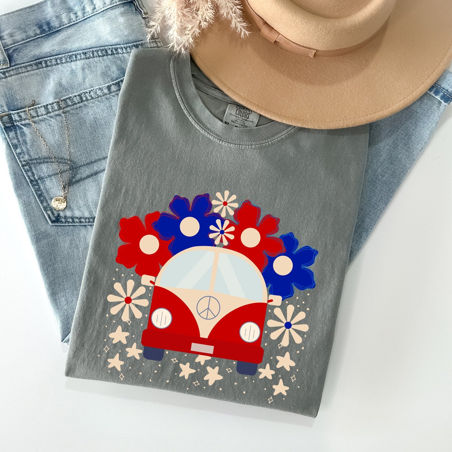 Retro Van, Patriotic, 4th of July Comfort Colors Tshirt