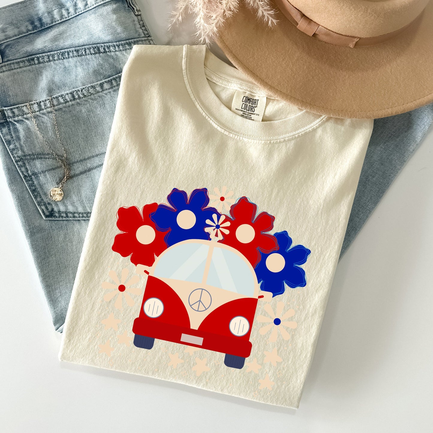 Retro Van, Patriotic, 4th of July Comfort Colors Tshirt