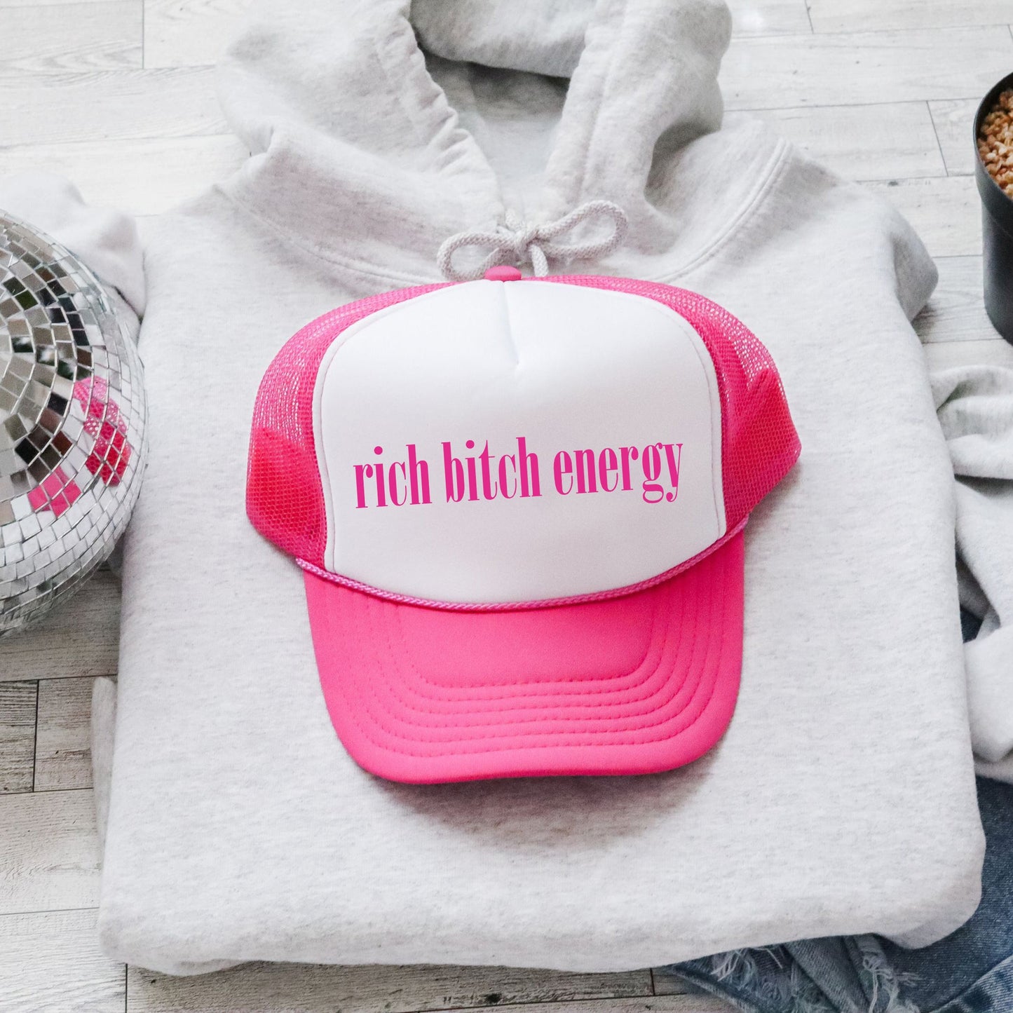 Rich Bitch Energy, Sassy, Funny, Bright Pink Snapback Trucker Hat